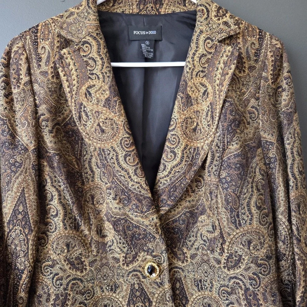 Vtg Focus 2000 Women's Size 10 Jacquard Tapestry Blazer Jacket Brown Gold Brooch